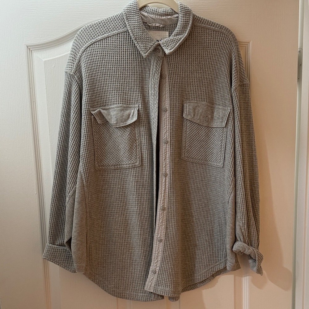 Gray Waffle Knit Button-Up Shirt